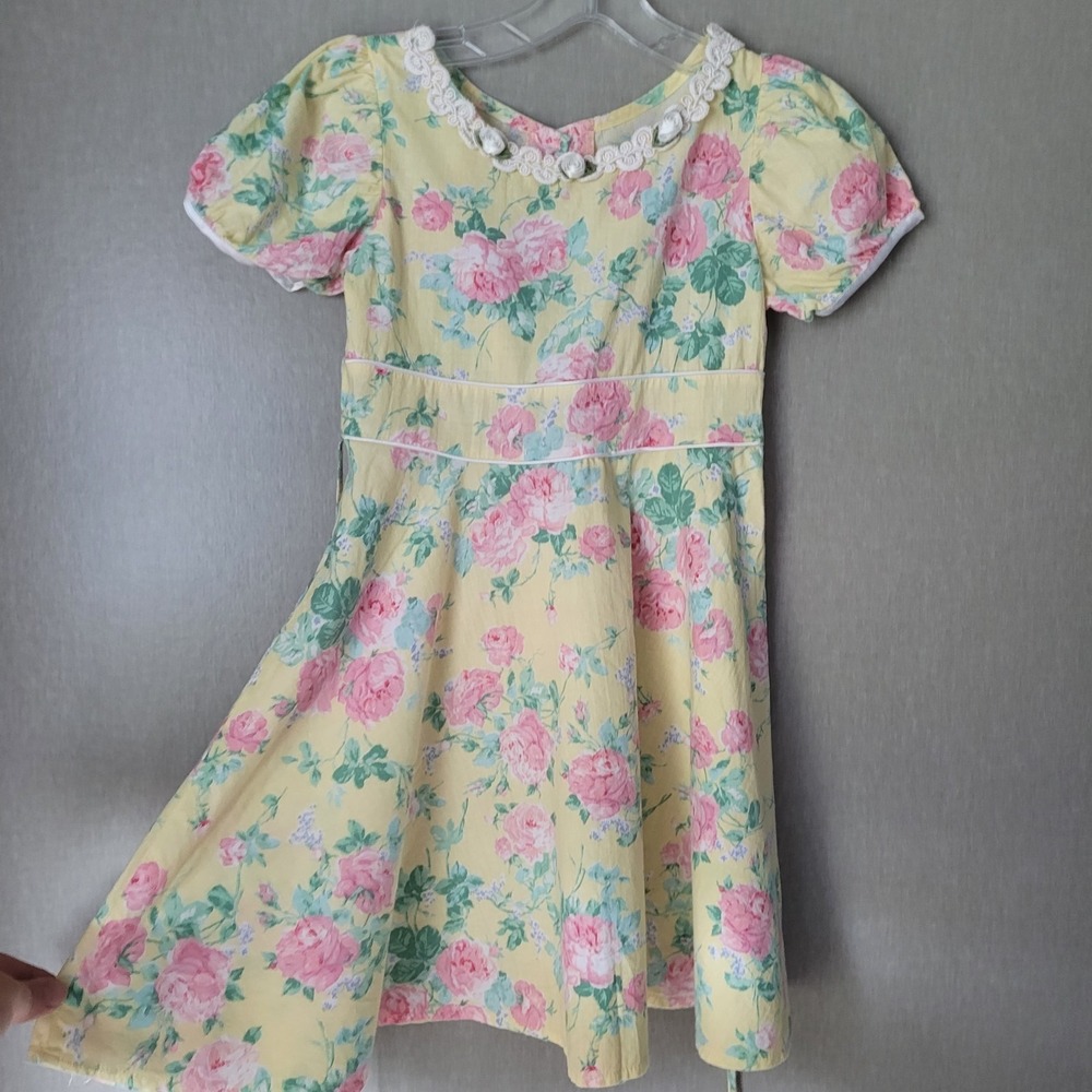 Vintage Rose Cottage Little Girls Floral Dress Yellow Pink Cabbage Rose Sz 8-10